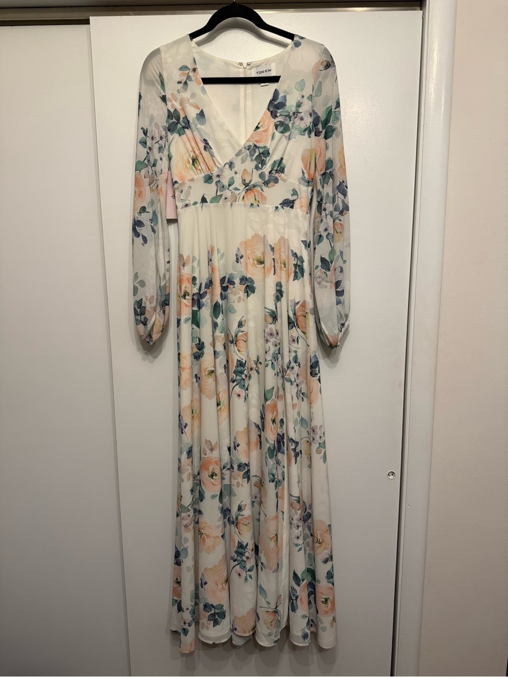 Yumi Kim White Floral Long Sleeve Maxi Dress with Peach & Green Accents